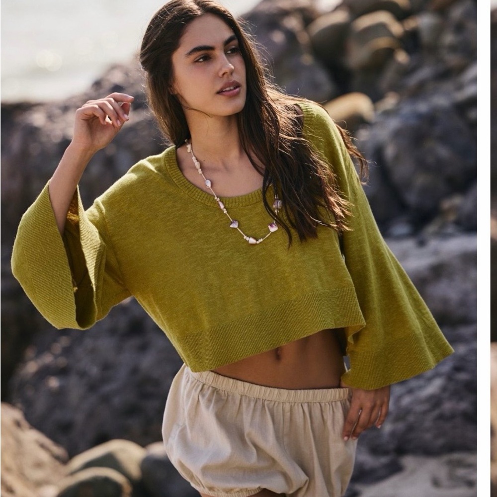 Free People Olive Green Crew Neck Sweater